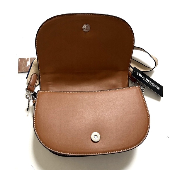NWT TRUE RELIGION Saddle Flap Denim Crossbody Bag Stitched Horseshoe Logo Brown - Picture 7 of 9